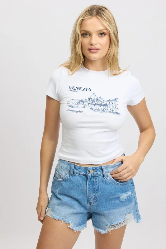 Women's Blouse with Wide CollarWhite Graphic Tee Short Sleeve