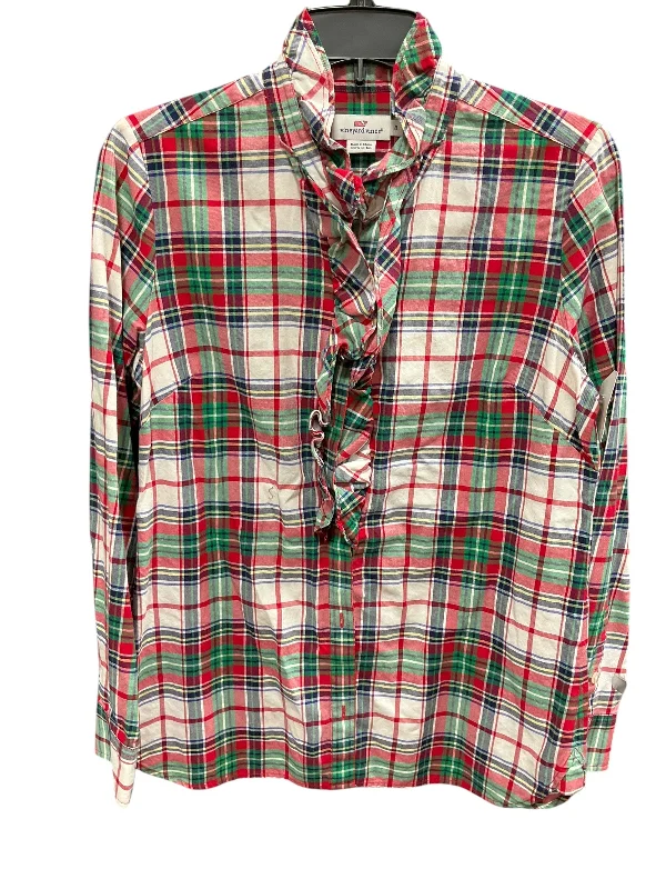 Women's Blouse with Mandarin CollarBlouse Long Sleeve By Vineyard Vines In Plaid Pattern, Size: M