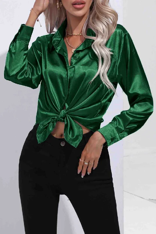 Women's Blouse with Cap SleevesLapel Satin Button Up Blouse