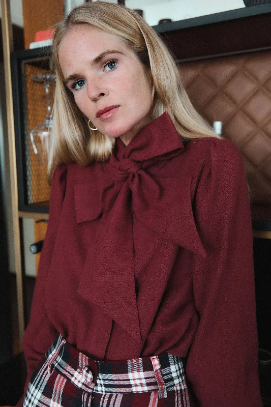 Women's Blouse with Square CollarBurgundy Bow Blouse