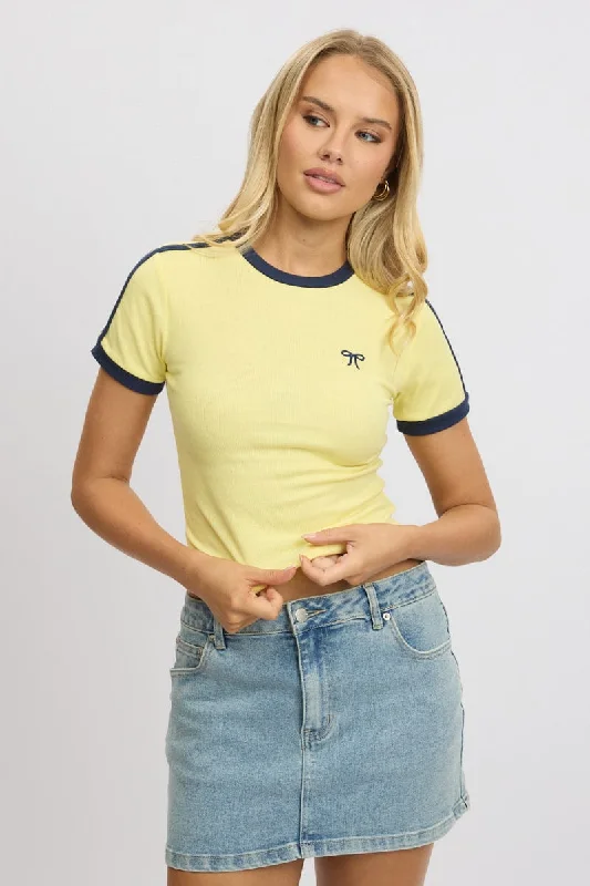 Women's Blouse with Notched CollarYellow Graphic Tee Short Sleeve Rib