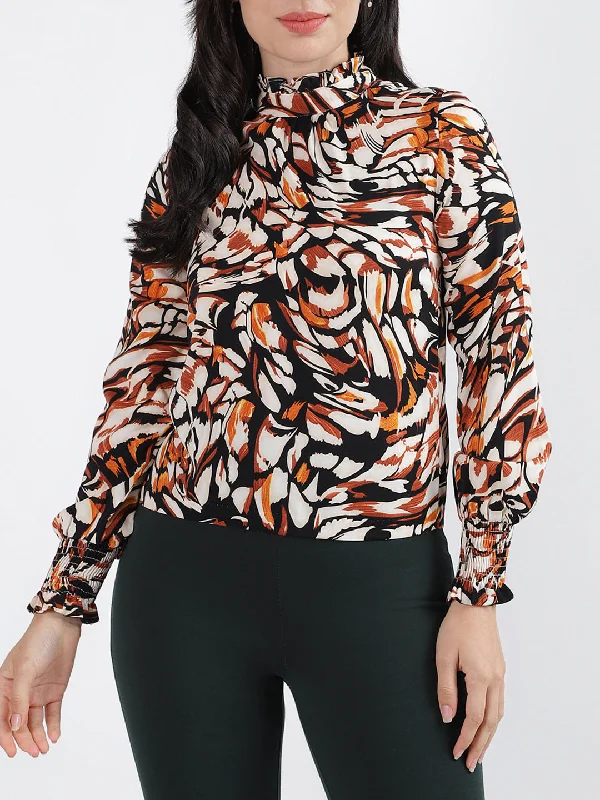 Women's Blouse with FrillsCentre Stage Women Printed High Neck Full Sleeves Top