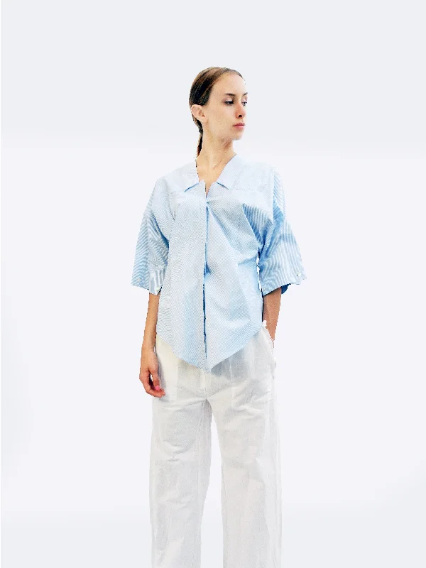 Women's Blouse with Peter Pan CollarSix-quarter Sleeve Striped Shirt with Origami Classic Collar/ Light blue