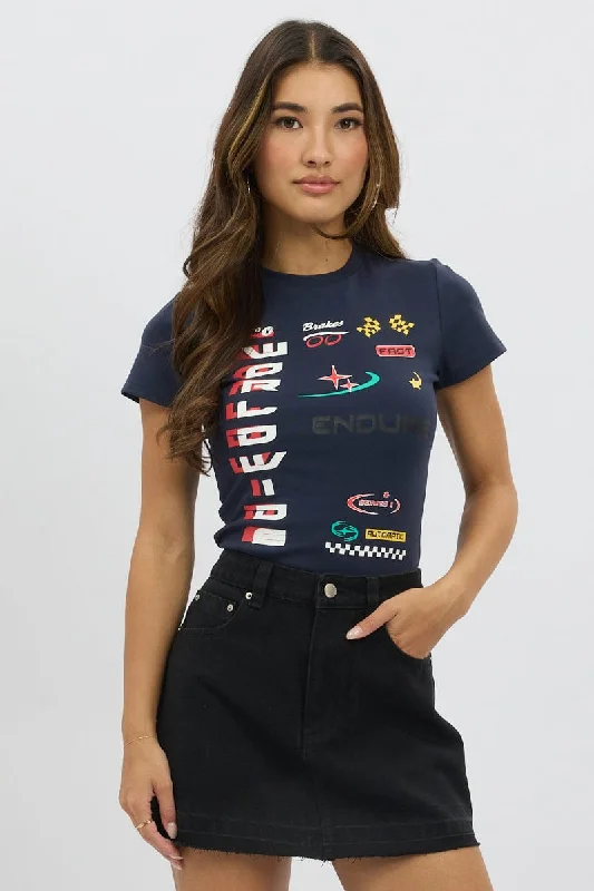 Women's Blouse with Asymmetrical HemBlue Graphic Tee Short Sleeve