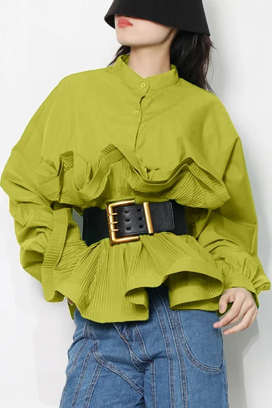 Women's Blouse with Wide CollarRuched Ruffle Belt Long Sleeve Blouse