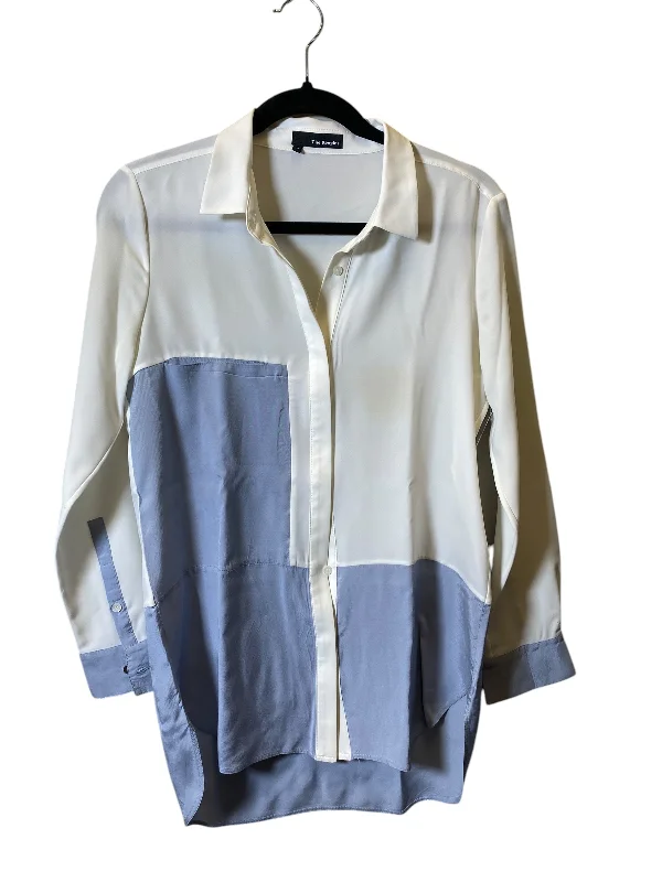 Women's Blouse with V-Shaped CollarBlouse Long Sleeve By Cmc In Blue & Cream, Size: M