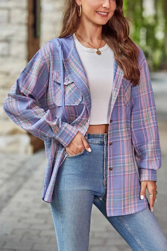 Women's Blouse with Notched CollarHooded Plaid Button Up Blouse