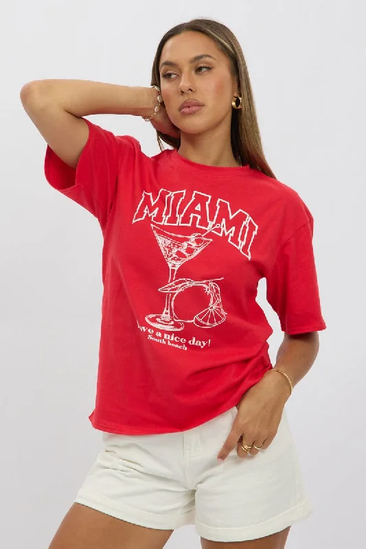 Women's Blouse with RufflesRed Graphic Tee Short Sleeve