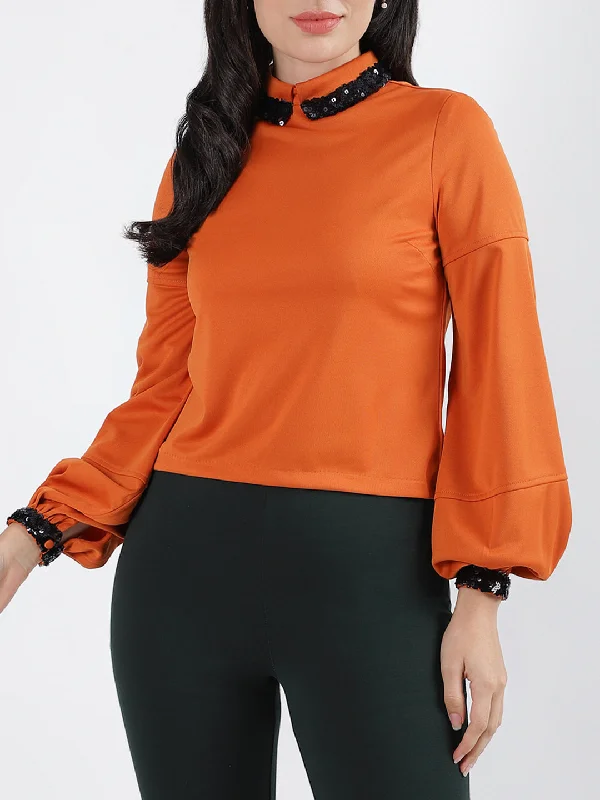 Women's Blouse with Three-Quarter SleevesCentre Stage Women Solid High Neck Full Sleeves Top