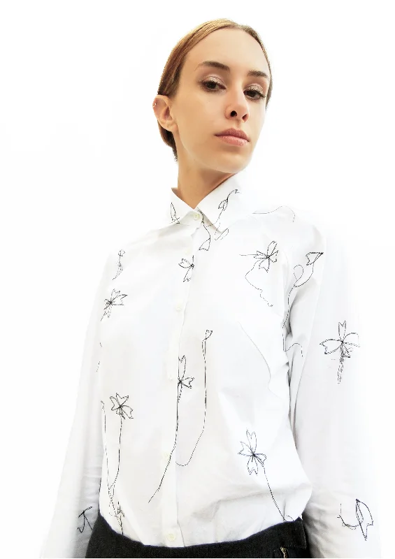 Women's Blouse with V-Shaped CollarHigh Collar Dogwood Stitching Embroidered Shirt/ White/ 100% Cotton