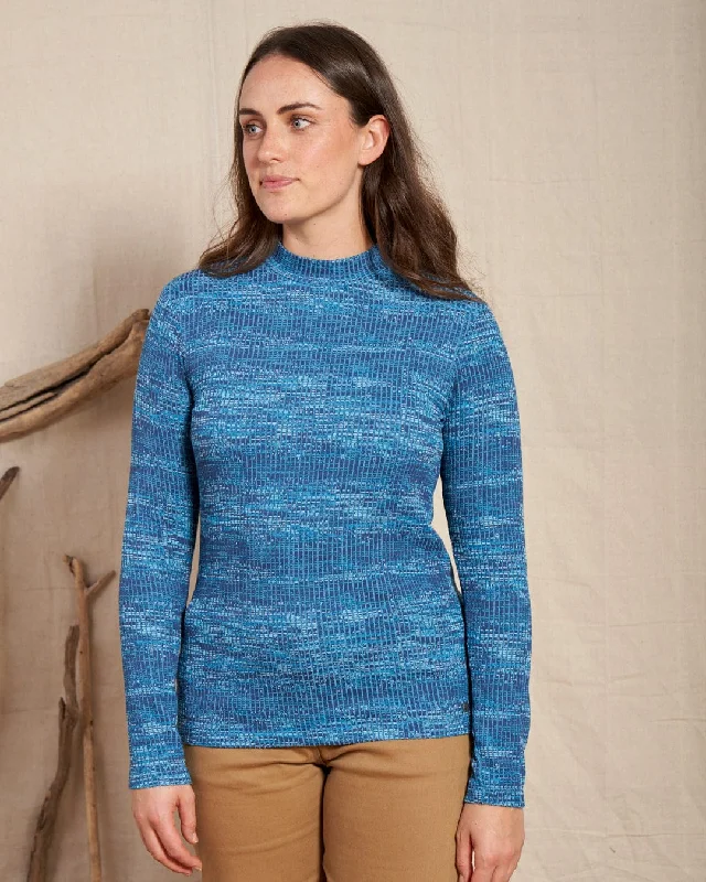 Women's Blouse with Puffed SleevesSpace Dye Brooklyn - Womens Funnel Neck Top - Blue