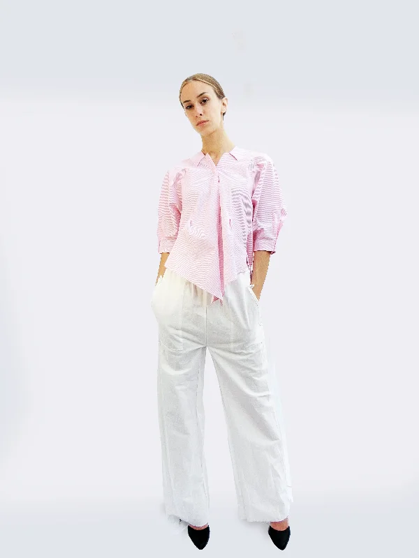 Women's Blouse with Square NeckSix-quarter Sleeve Striped Shirt with Origami Classic Collar/Light pink