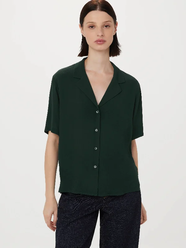 Women's Blouse with Fur TrimThe Fluid Camp Collar Blouse in Pine Grove