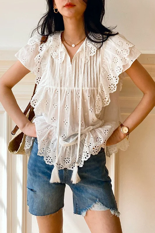 Women's Blouse with Peter Pan CollarWhite Embroidered Lace Ruffles Sleeve Top