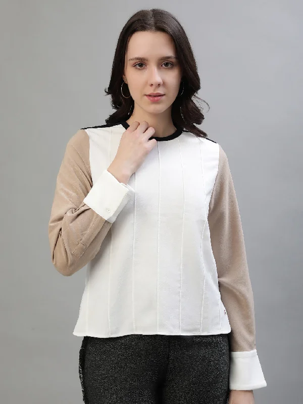 Women's Blouse with Mandarin CollarIconic Women Multicolor Colorblocked Round Neck Full Sleeves Top