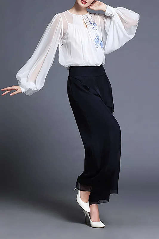 Women's Blouse with V-Shaped CollarDL Fusion Ellen Porcelain Chiffon White Blouse/Shirt & Pants - Summer, Porcelain Shirt, Best Selling