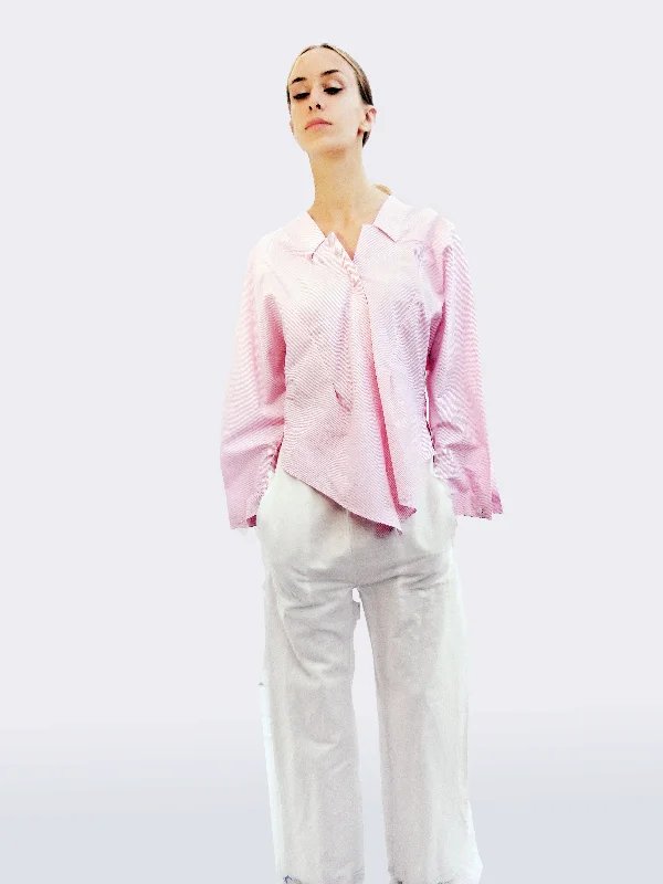 Women's Blouse with Wide CollarLong Sleeve Striped Shirt with Origami Classic Collar/ Light pink