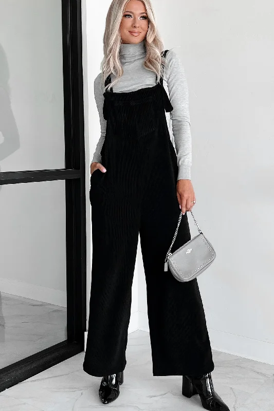 Women's Jumpsuits with Collarless DesignPlayful Impression Soft Corduroy Overall Jumpsuit (Black)