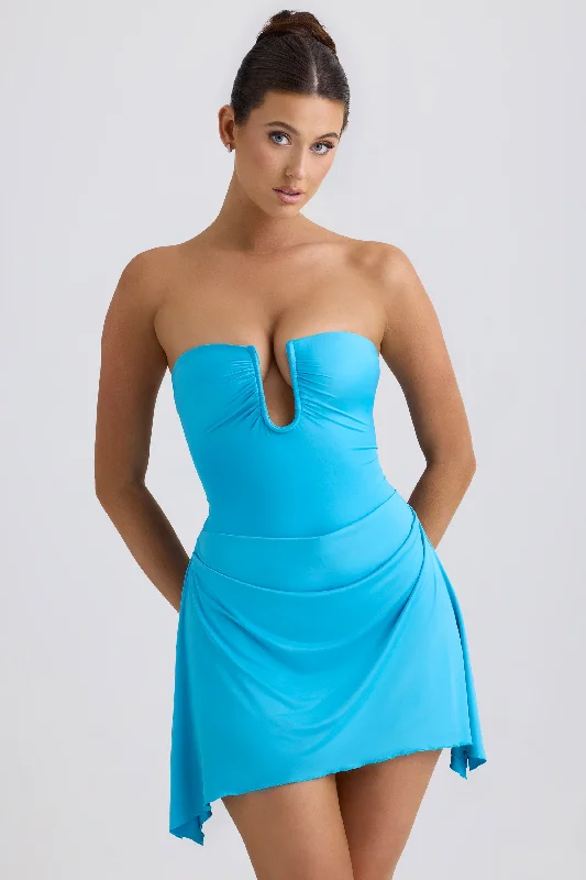 Women's Wide-Neck DressesSlinky Jersey Draped A-Line Mini Dress in Aqua Blue