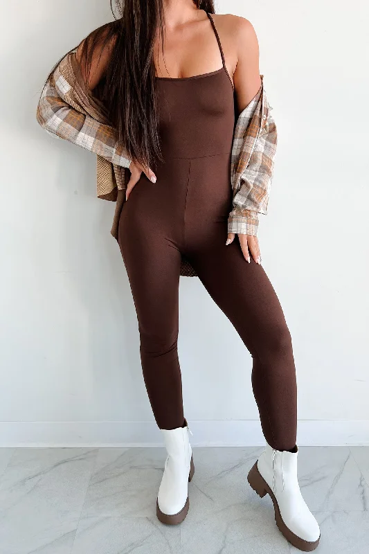 Women's Jumpsuits with Low CollarTime To Walk Away Lace-Up Back Jumpsuit (Coffee)