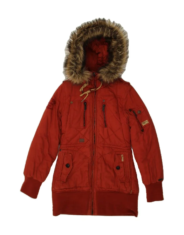 Women's Coats with Fur Trimmed PocketsKHUJO Womens Hooded Padded Coat UK 14 Large Red Cotton