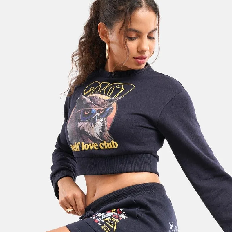 Women's Hooded Sweatshirts with High WaistSelf Love Cropped Fleece Sweat in Navy