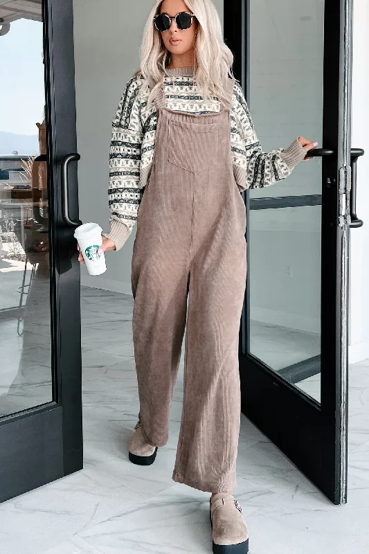 Women's Jumpsuits with Notched CollarPlayful Impression Soft Corduroy Overall Jumpsuit (Mocha)