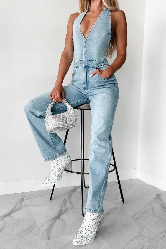 Women's Jumpsuits with Collarless NeckEyes Over Here Halter Denim Jumpsuit (Blue)