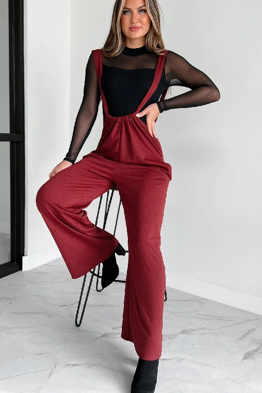 Women's Jumpsuits with Shirt CollarMessage Received Wide Leg Suspender Jumpsuit (Wine)