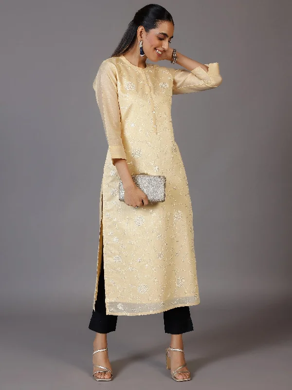 Women's Jumpsuits with Square CollarGold Embroidered Silk Straight Kurta