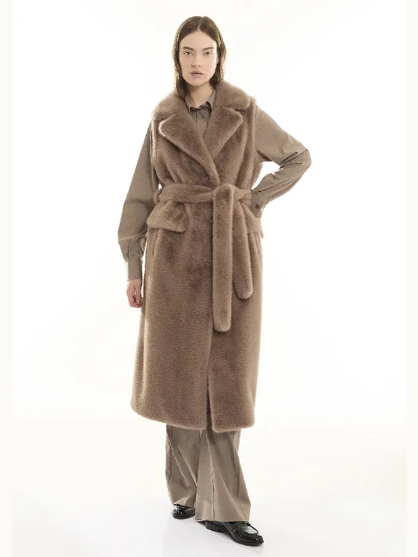 Women's Coats with Fur Trimmed SleevesGilet Lungo in Ecopelliccia Tortora