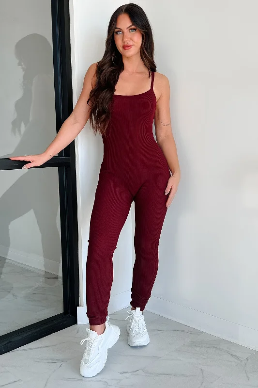 Women's Jumpsuits with Lapel CollarMaking Things Right Rib Knit Backless Jumpsuit (Wine)