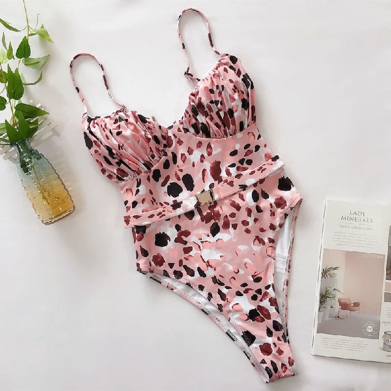 plus-size wireless brasPink Print Brazilian High Thong Bodysuits One-Piece Swimwear Women V-Neck Swimsuit Female Sexy Monokini Belt Bathers 5424