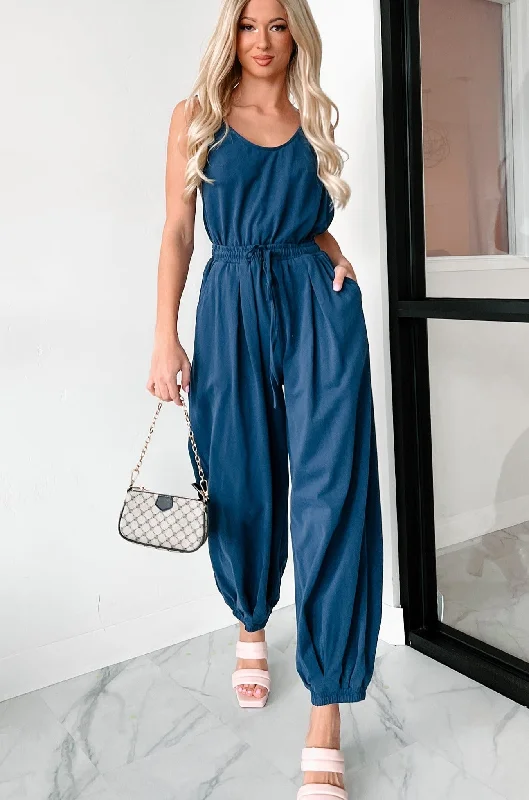 Women's Jumpsuits with U-Shaped CollarShowing My Hand Backless Jumpsuit (Navy)