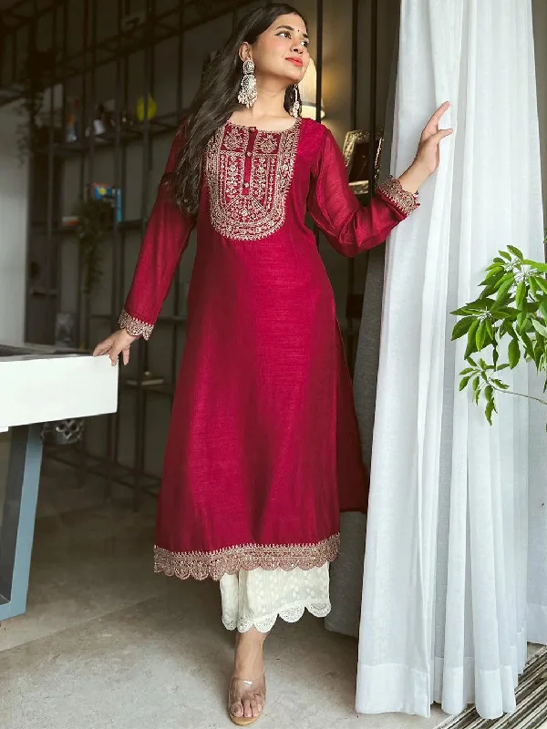 Women's Jumpsuits with Narrow CollarMaroon Yoke Design Silk Kurta