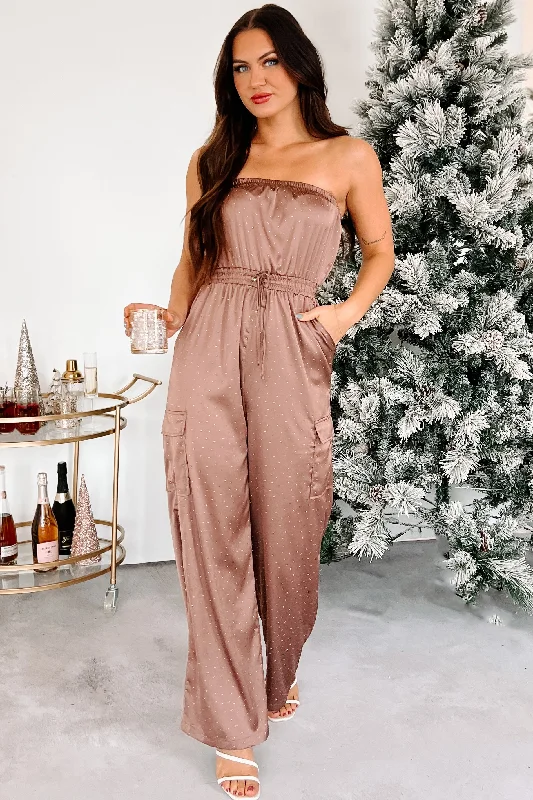 Women's Jumpsuits with Wide CollarDOORBUSTER Glittering Goddess Rhinestone Embellished Jumpsuit (Mocha)