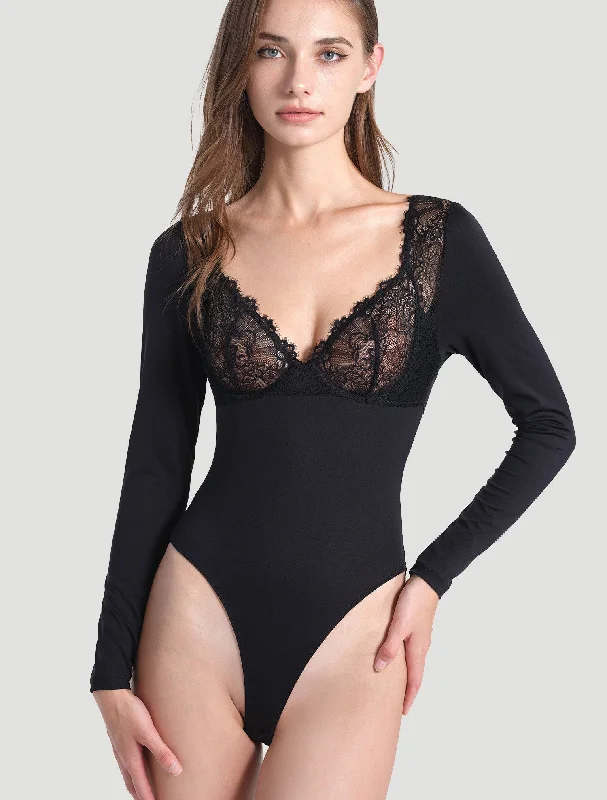 sheer lace lingerie with matching gownsLong Sleeve Underwire Bodysuit