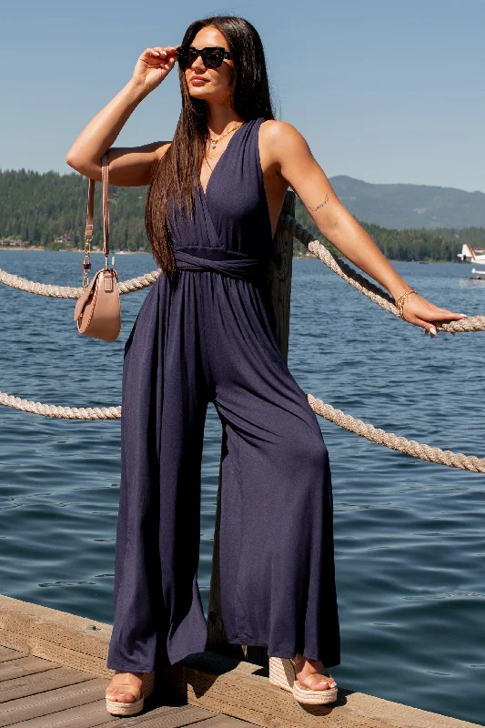 Women's Jumpsuits with Mandarin CollarMeant To Be Modern Wrap-Tie Palazzo Jumpsuit (Dark Navy)