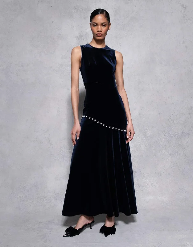 Women's Bell-Sleeve DressesSole Velvet Maxi Dress - Navy