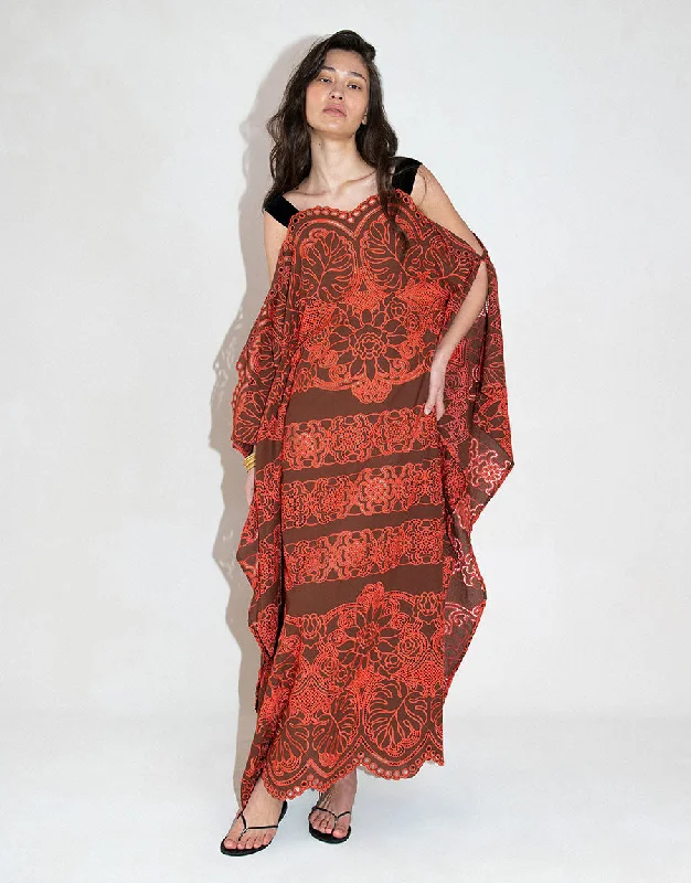 Women's U-Shaped Collar DressesSakura Embroidery Maxi Dress - Palm Brown