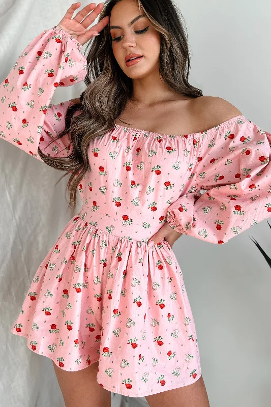 Women's OverallsCaptivating Blossoms Off The Shoulder Floral Print Romper (Pink)