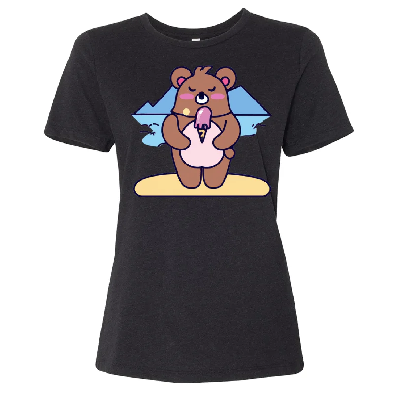 Women's Hooded Sweatshirts with Plush LiningKawaii Grizzly Bear Eating Ice Cream Women's Relaxed Jersey Tee