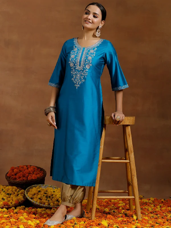 Women's Jumpsuits with Wide CollarBlue Embroidered Silk Straight Kurta