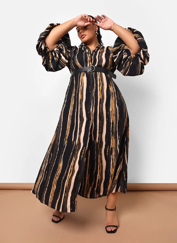 Women's Wide-Neck DressesImelda Stripe Print Puff Sleeve Oversized Maxi Dress