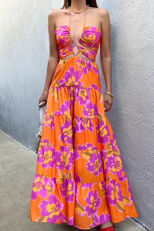 Women's Bodycon DressesOrchids Maxi Dress - Orange Floral