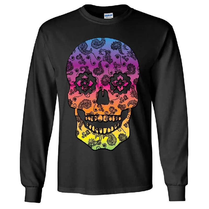 Women's Hooded Sweatshirts with Low WaistNeon Paisley Print Sugar Skull Long Sleeve Shirt