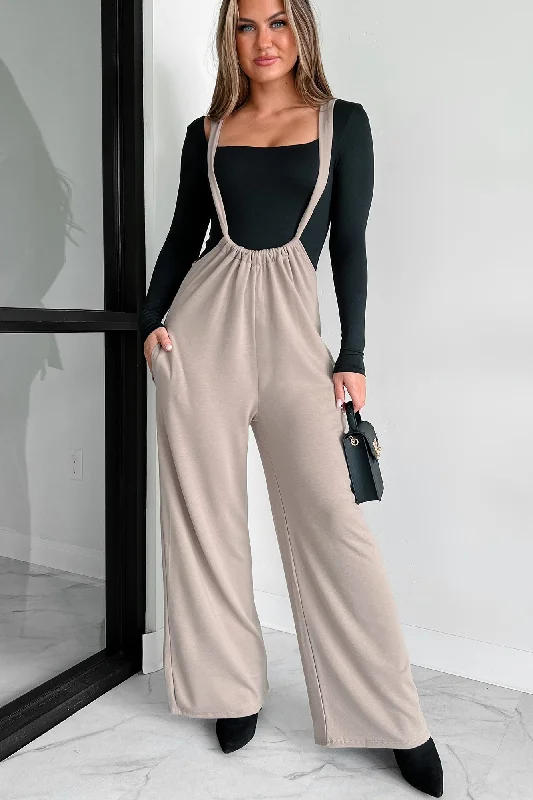 Women's Jumpsuits with Capri LengthMessage Received Wide Leg Suspender Jumpsuit (Mocha)