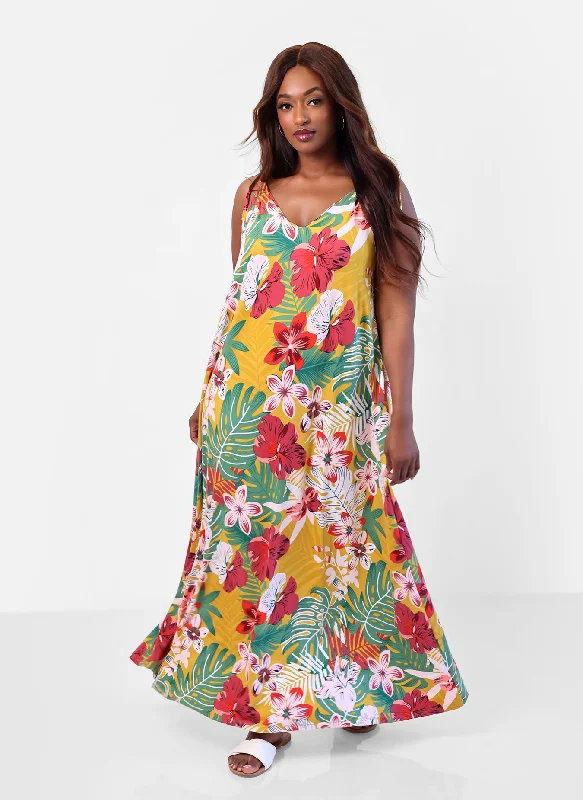 Women's Flared DressesGetaway Tropical Print Slip Maxi Dress