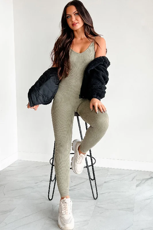 Women's Jumpsuits with V-Shaped HemDOORBUSTER Better Things Are Coming Ribbed Cami Jumpsuit (Olive)