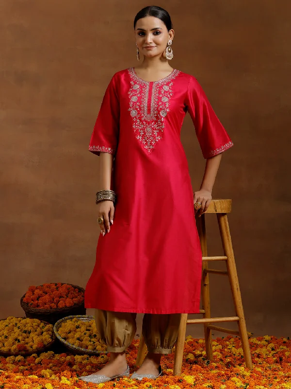 Women's Jumpsuits with High CollarPink Embroidered Silk Straight Kurta